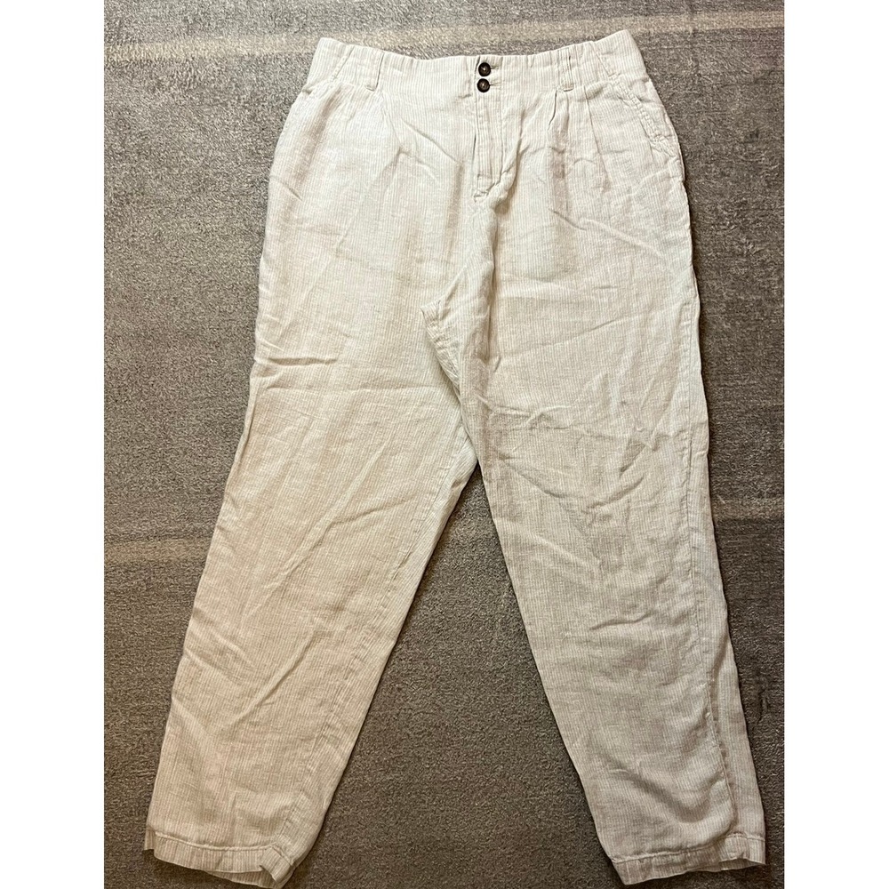 Garnet Hill 100% Linen Striped Pleated Tapered Pants Beige White Size 10 Comfy